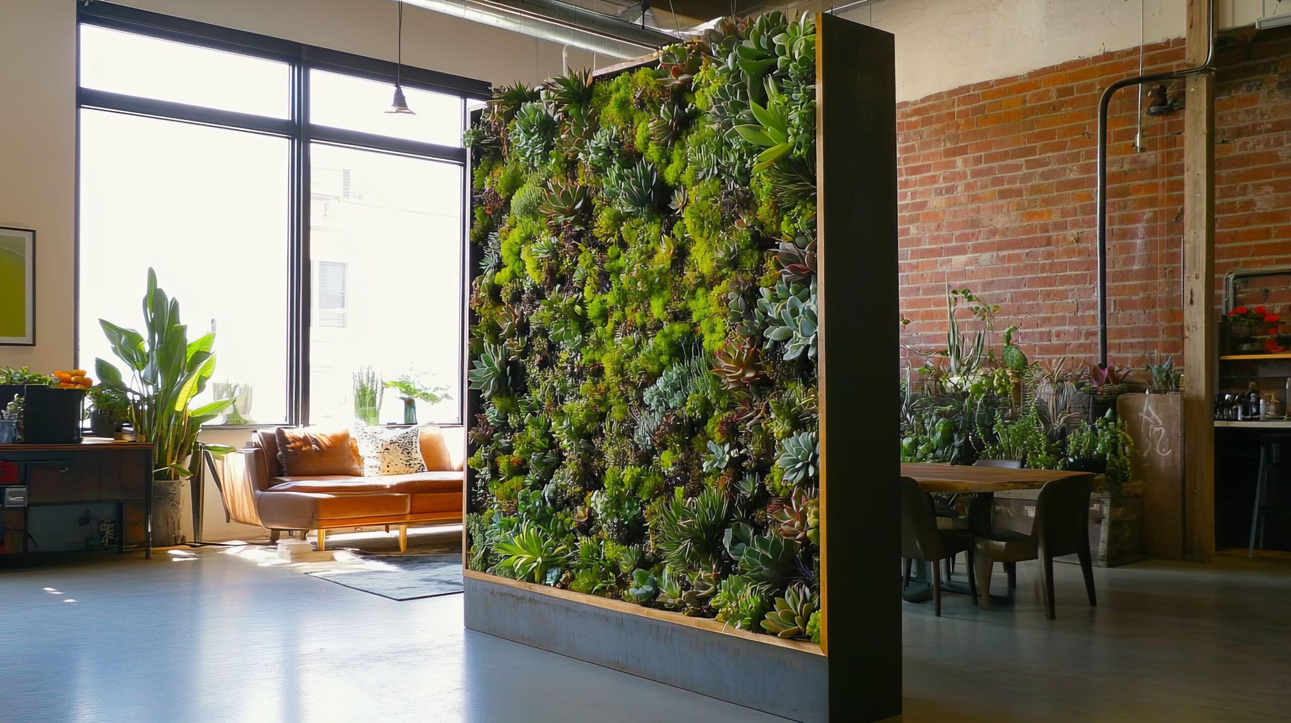 Moderne vertikale Pflanzenwand als Raumtrenner in einem Loft